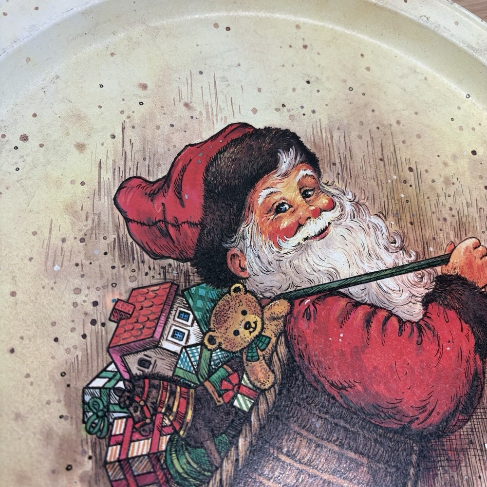 VTG Christmas Tin Cookie Serving Tray Red & Cream Santa Claus  13.5" - Picture 2 of 6